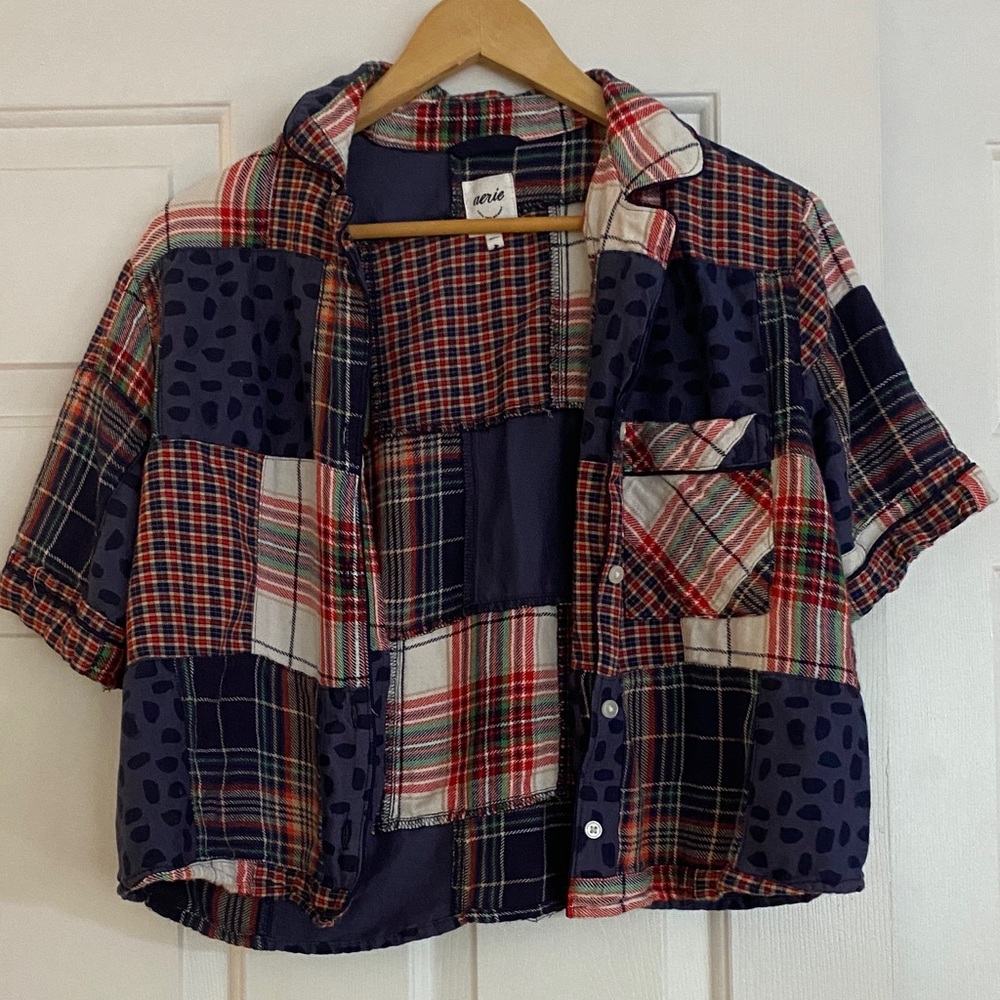 Aerie cropped Plaid Patchwork Shirt - Red, Blue, White like new size Medium